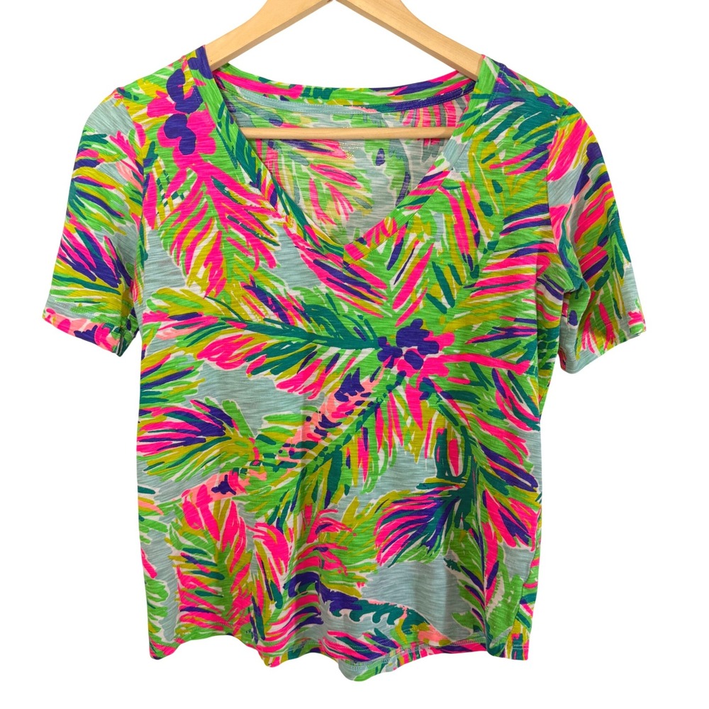 Lilly Pulitzer T-Shirt Womens S Green Palm Print V-Neck Slub Cotton Short Sleeve
